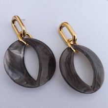 Load image into Gallery viewer, Large Grey Acrylic & Gold Tone Drop Earrings