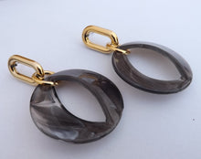 Load image into Gallery viewer, Large Grey Acrylic & Gold Tone Drop Earrings