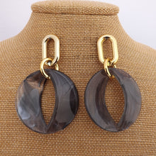 Load image into Gallery viewer, Large Grey Acrylic & Gold Tone Drop Earrings