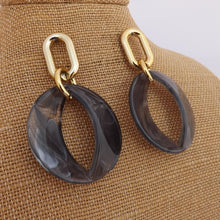 Load image into Gallery viewer, Large Grey Acrylic & Gold Tone Drop Earrings