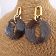 Load image into Gallery viewer, Large Grey Acrylic & Gold Tone Drop Earrings