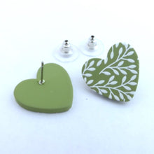 Load image into Gallery viewer, Leaves on Green Heart Polymer Stud Earrings