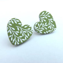 Load image into Gallery viewer, Leaves on Green Heart Polymer Stud Earrings
