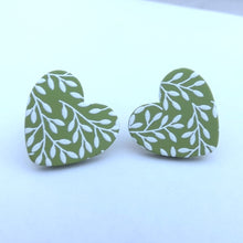 Load image into Gallery viewer, Leaves on Green Heart Polymer Stud Earrings