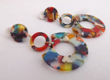 Load image into Gallery viewer, Multi Coloured Acrylic Rectangular Drop Clip on Earrings