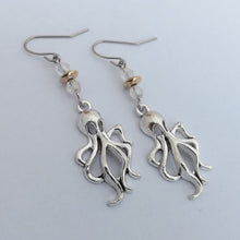 Load image into Gallery viewer, Octopus Silver Tone Earrings with Gold & Clear Beads