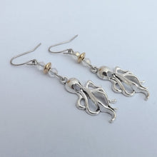 Load image into Gallery viewer, Octopus Silver Tone Earrings with Gold & Clear Beads