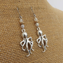 Load image into Gallery viewer, Octopus Silver Tone Earrings with Gold & Clear Beads