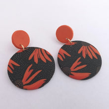Load image into Gallery viewer, Orange Flower on Black, Round Polymer Stud Drop Earrings