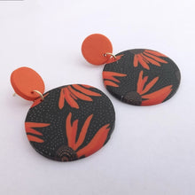 Load image into Gallery viewer, Orange Flower on Black, Round Polymer Stud Drop Earrings