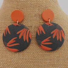 Load image into Gallery viewer, Orange Flower on Black, Round Polymer Stud Drop Earrings