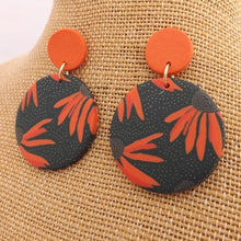 Load image into Gallery viewer, Orange Flower on Black, Round Polymer Stud Drop Earrings