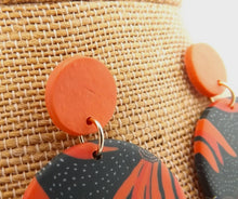 Load image into Gallery viewer, Orange Flower on Black, Round Polymer Stud Drop Earrings