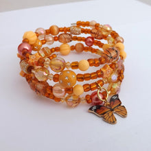 Load image into Gallery viewer, Orange Bead & Monarch Butterfly Handmade Memory Wire Bracelet