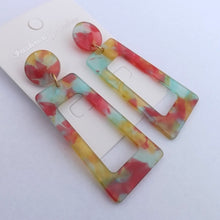 Load image into Gallery viewer, Orange, Blue & Cream Acrylic Rectangular Drop Earrings