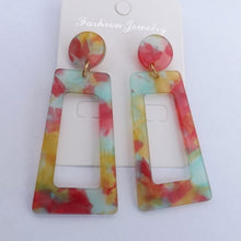 Load image into Gallery viewer, Orange, Blue & Cream Acrylic Rectangular Drop Earrings
