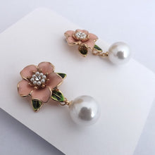 Load image into Gallery viewer, Flower Stud Earrings with Round Faux Pearl Drop (Pink or Purple)