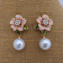 Load image into Gallery viewer, Flower Stud Earrings with Round Faux Pearl Drop (Pink or Purple)