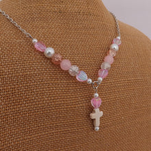 Load image into Gallery viewer, Pink & Cream Bead & Cross Handmade Bead & Chain Necklace