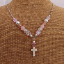 Load image into Gallery viewer, Pink & Cream Bead & Cross Handmade Bead & Chain Necklace