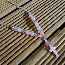 Load image into Gallery viewer, Pink & Cream Bead & Cross Handmade Bead & Chain Necklace