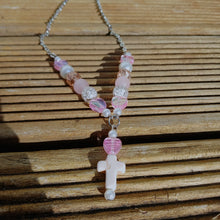 Load image into Gallery viewer, Pink & Cream Bead & Cross Handmade Bead & Chain Necklace