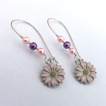 Load image into Gallery viewer, Pink & Purple Daisy Handmade Bead & Charm Drop Earrings on Long Kidney Hooks