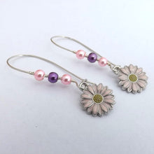 Load image into Gallery viewer, Pink & Purple Daisy Handmade Bead & Charm Drop Earrings on Long Kidney Hooks