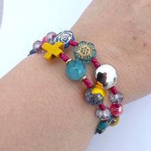 Load image into Gallery viewer, Pink, Teal, Yellow & Blue Handmade Memory Wire Bead Bracelet