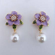 Load image into Gallery viewer, Flower Stud Earrings with Round Faux Pearl Drop (Pink or Purple)
