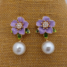 Load image into Gallery viewer, Flower Stud Earrings with Round Faux Pearl Drop (Pink or Purple)