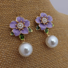 Load image into Gallery viewer, Flower Stud Earrings with Round Faux Pearl Drop (Pink or Purple)