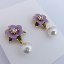 Load image into Gallery viewer, Flower Stud Earrings with Round Faux Pearl Drop (Pink or Purple)