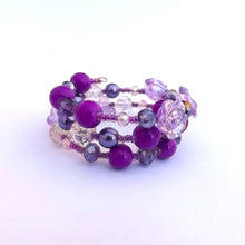 Load image into Gallery viewer, Purple Floral Butterfly Small Handmade Memory Wire Bead Bracelet