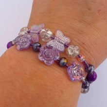 Load image into Gallery viewer, Purple Floral Butterfly Small Handmade Memory Wire Bead Bracelet