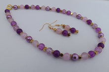 Load image into Gallery viewer, Purple & Gold Handmade Bead Necklace & Earrings Set