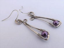 Load image into Gallery viewer, Faux Pearl & Silver Tone Drop Earrings (Purple or Silver)