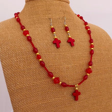 Load image into Gallery viewer, Red & Gold Handmade Cross & Bead Necklace & Earring Set