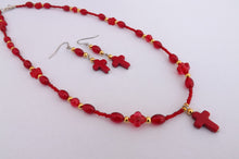 Load image into Gallery viewer, Red & Gold Handmade Cross & Bead Necklace & Earring Set