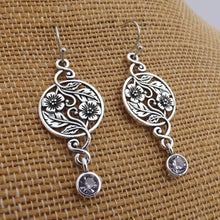 Load image into Gallery viewer, Silver Filigree Flower Drop Earrings with Purple Diamante