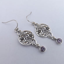 Load image into Gallery viewer, Silver Filigree Flower Drop Earrings with Purple Diamante