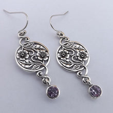 Load image into Gallery viewer, Silver Filigree Flower Drop Earrings with Purple Diamante