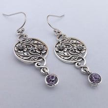 Load image into Gallery viewer, Silver Filigree Flower Drop Earrings with Purple Diamante