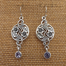 Load image into Gallery viewer, Silver Filigree Flower Drop Earrings with Purple Diamante