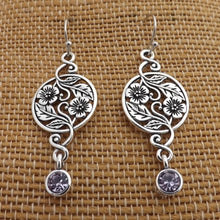 Load image into Gallery viewer, Silver Filigree Flower Drop Earrings with Purple Diamante