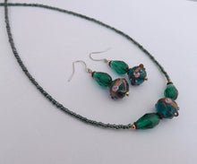 Load image into Gallery viewer, Teal & Gold Handmade Lamp Work Bead Necklace & Earring Set