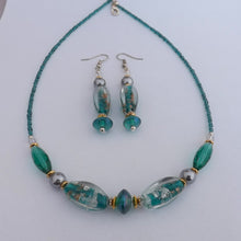Load image into Gallery viewer, Teal, Silver & Gold Handmade Lamp Work Glass Bead Necklace & Earrings Set