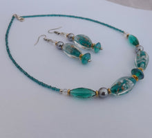 Load image into Gallery viewer, Teal, Silver & Gold Handmade Lamp Work Glass Bead Necklace & Earrings Set