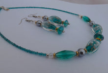 Load image into Gallery viewer, Teal, Silver & Gold Handmade Lamp Work Glass Bead Necklace & Earrings Set