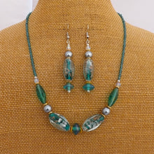 Load image into Gallery viewer, Teal, Silver & Gold Handmade Lamp Work Glass Bead Necklace & Earrings Set
